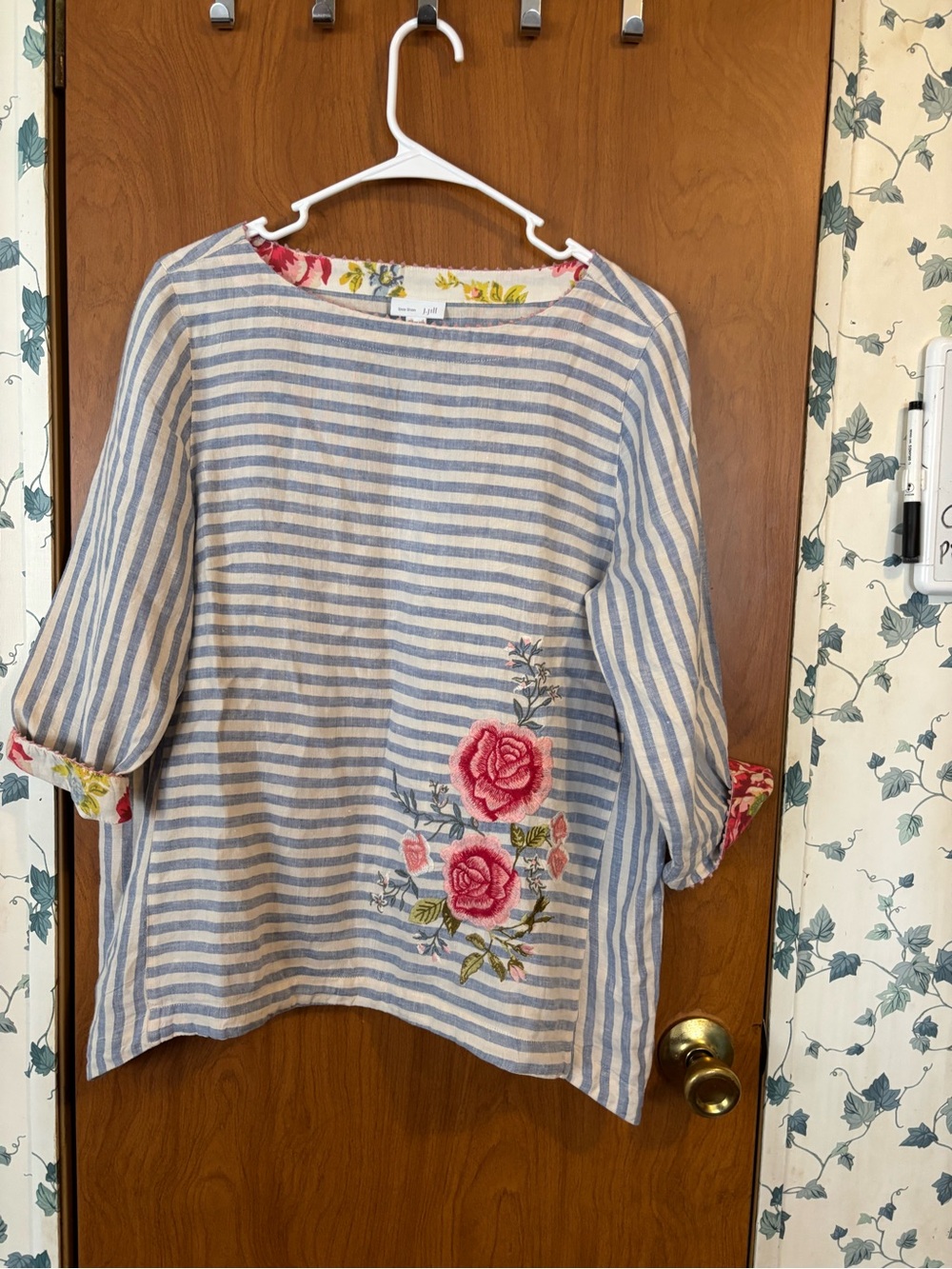 J. Jill Blue and Cream Striped Linen Tunic with Floral Trim